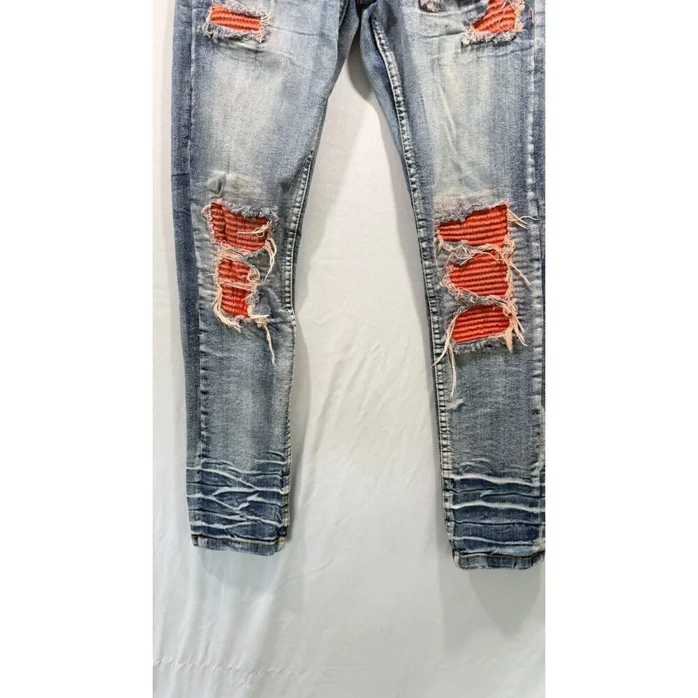 Evolution In Design Boys Jeans Size 14 Blue Used Distressed Orange Patch Ripped